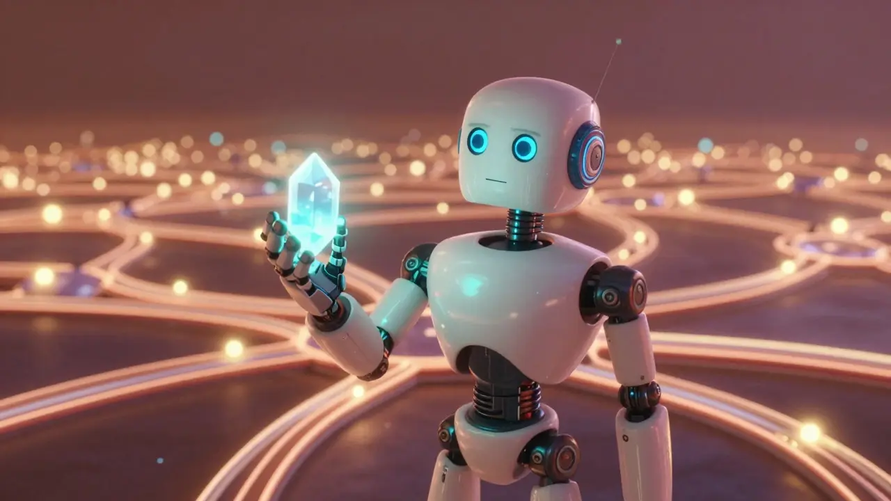 A single robot node holding a data crystal, symbolizing resilient decentralized communication.
