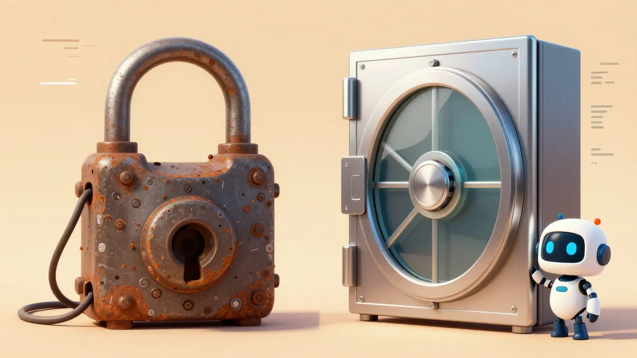 A sleek modern vault vs a clunky old lock, illustrating Taproot's efficiency over ECDSA.