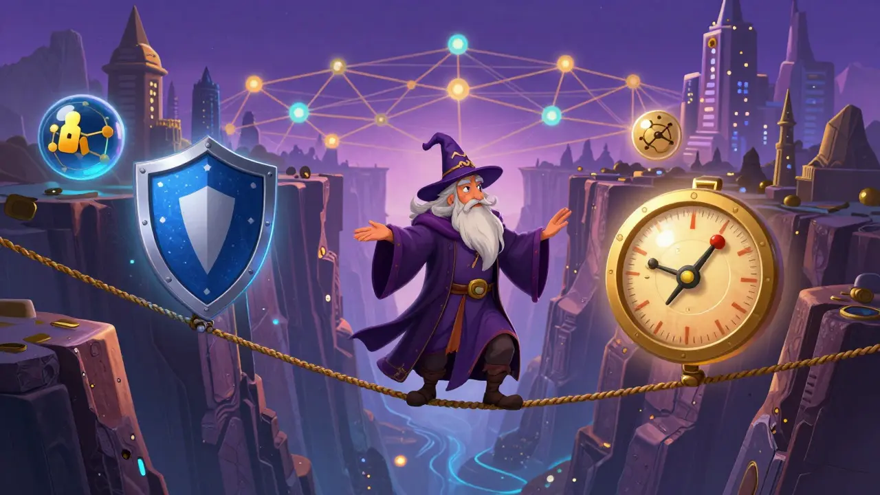 A wizard balancing security, scalability, and decentralization orbs on a tightrope.