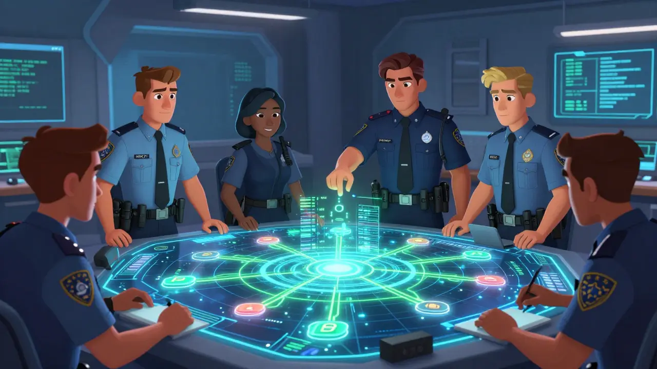 Agents analyze holographic blockchain network in high-tech room, tracing illicit crypto funds.