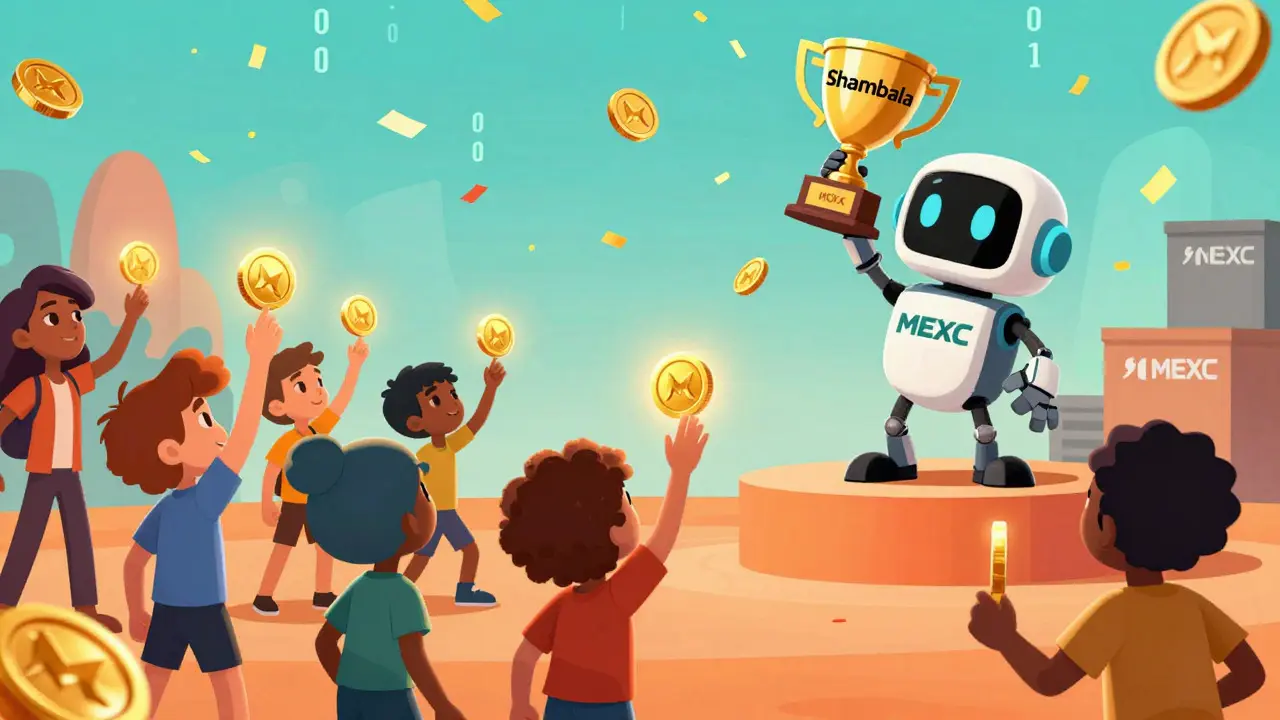 Animated characters vote with glowing tokens for Shambala listing on MEXC in a vibrant DreamWorks scene.