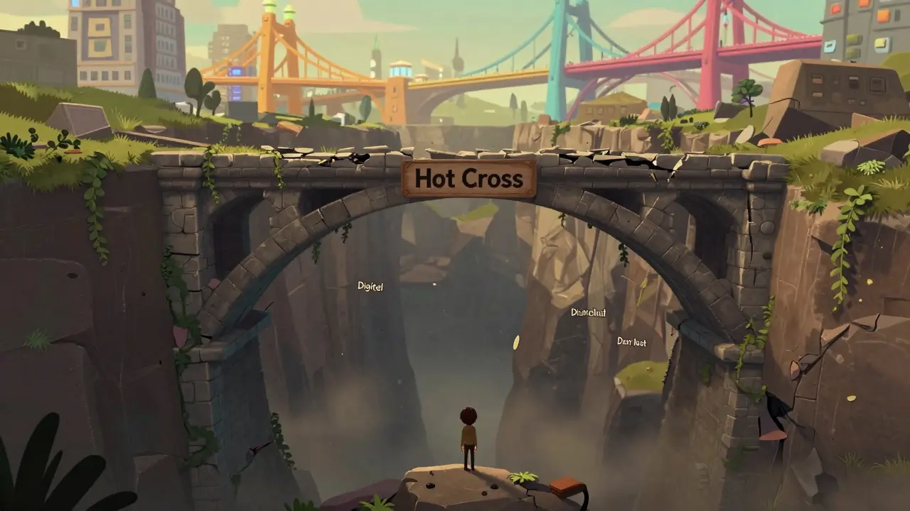 Broken bridge over a void of digital dust symbolizing abandoned crypto project and lack of liquidity