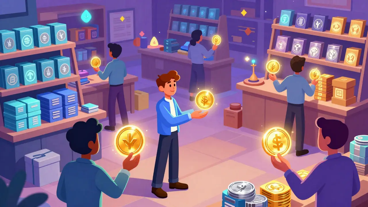 Busy digital marketplace where animated traders exchange glowing tokens representing loan assets.