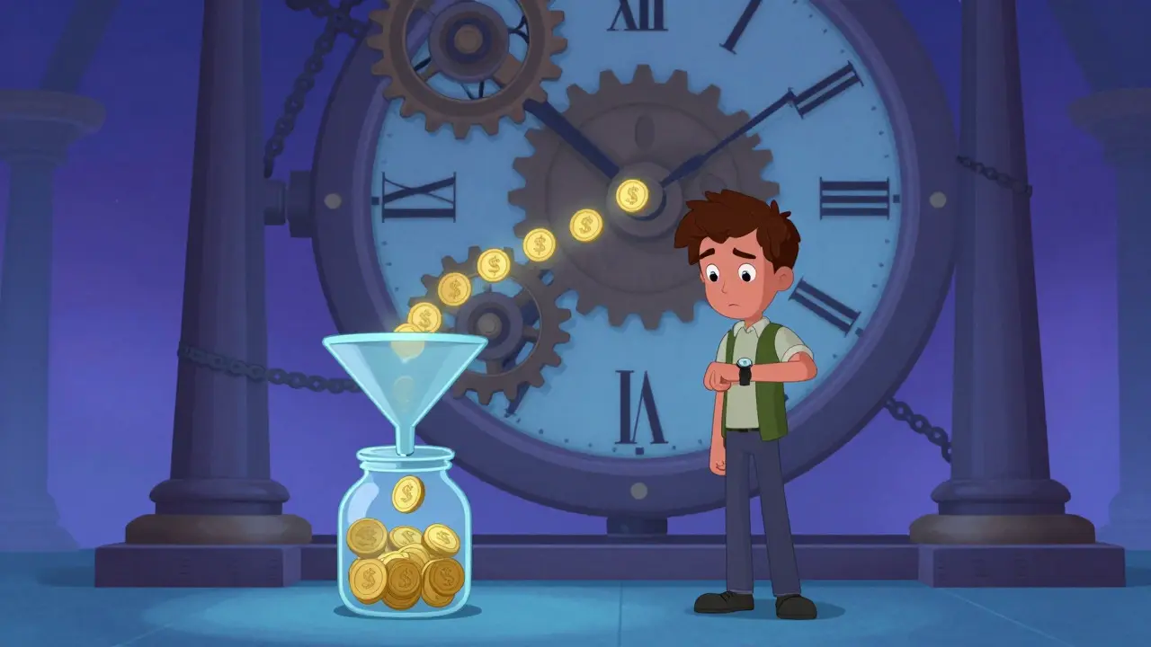 Cartoon character watching tokens slowly drip through a vesting clockwork machine