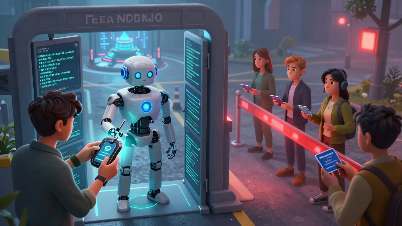 Cartoon characters navigating a cryptographic checkpoint; self-custody wallets pass while exchanges are blocked.