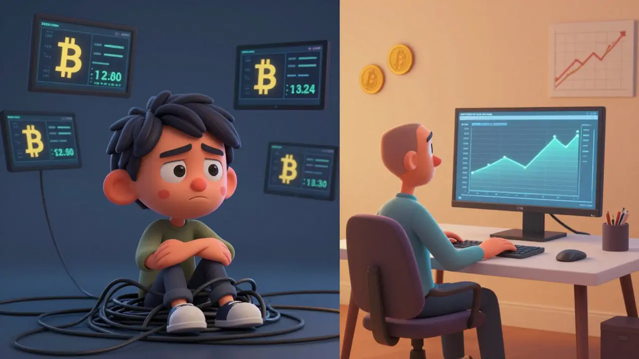 Cartoon comparison of stressed beginner vs calm pro trader using EurekaX