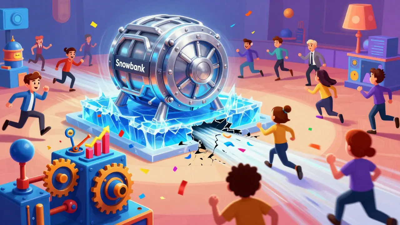 Cartoon investors rushing to a Snowbank vault during the 2021 DeFi hype, with hidden cracks