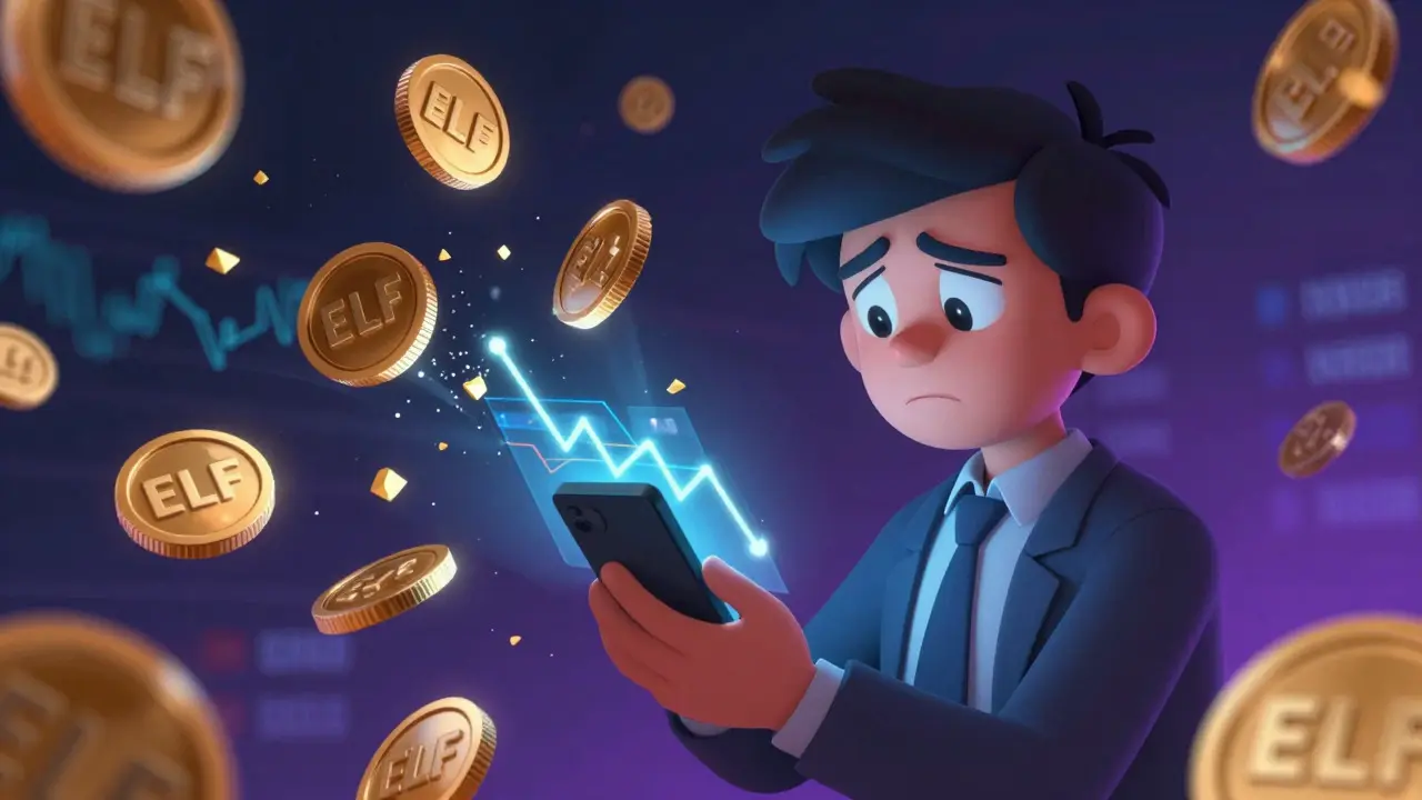 Confused character surrounded by floating volatile crypto tokens