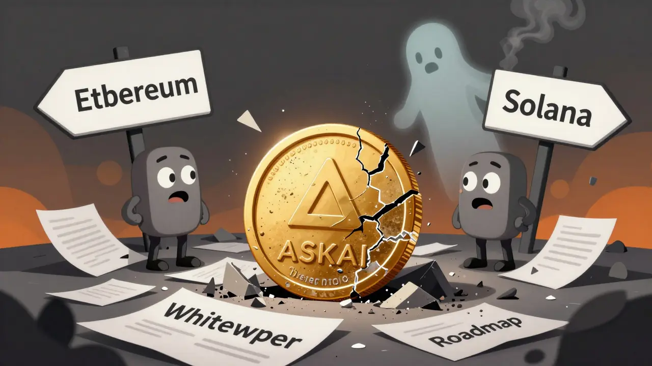 Cracked ASKAI coin amidst confusing blockchain signs and fading developers