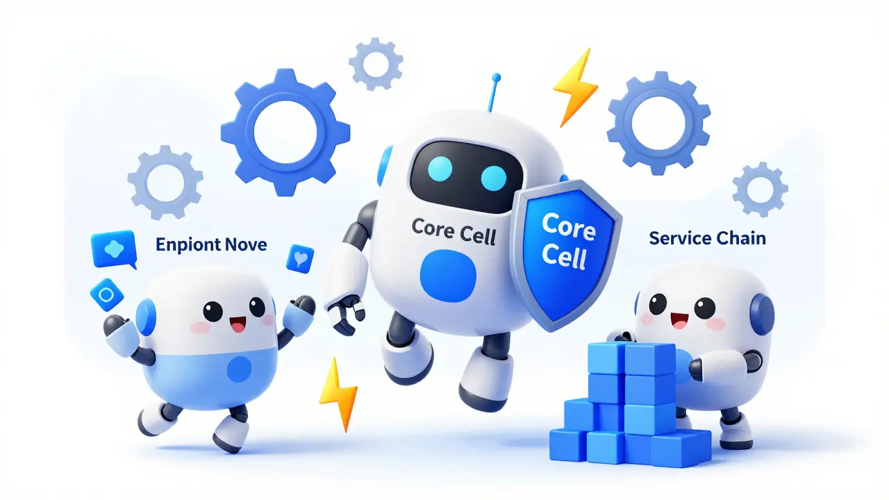 Cute robotic nodes illustrating Klaytn's technical architecture and fast transaction speed.