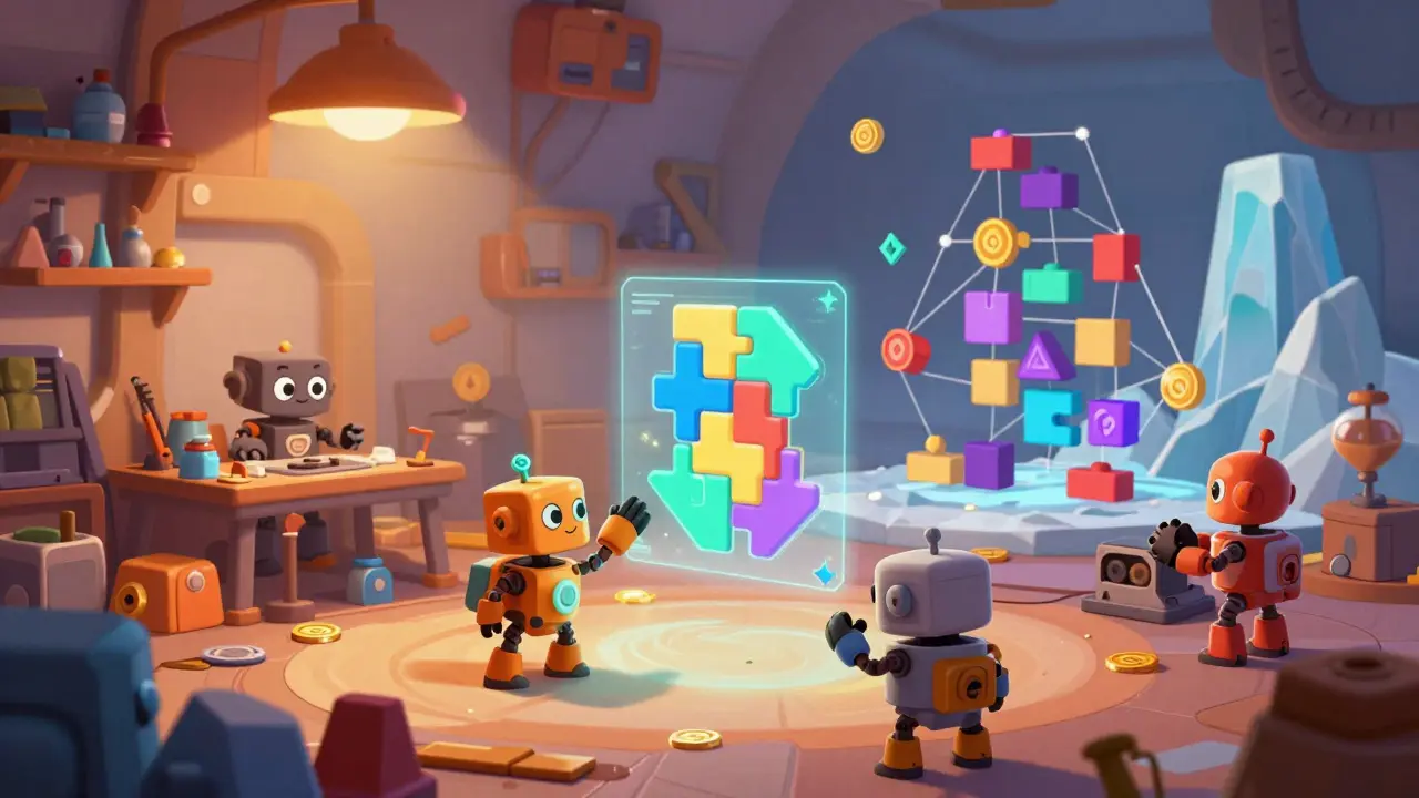 Cute robots solving puzzles in a warm workshop to build a network from unclaimed tokens.
