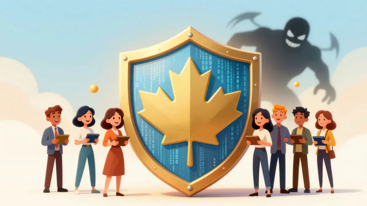 Digital maple leaf shield protects users from fading shadowy exchange, symbolizing safe compliance.