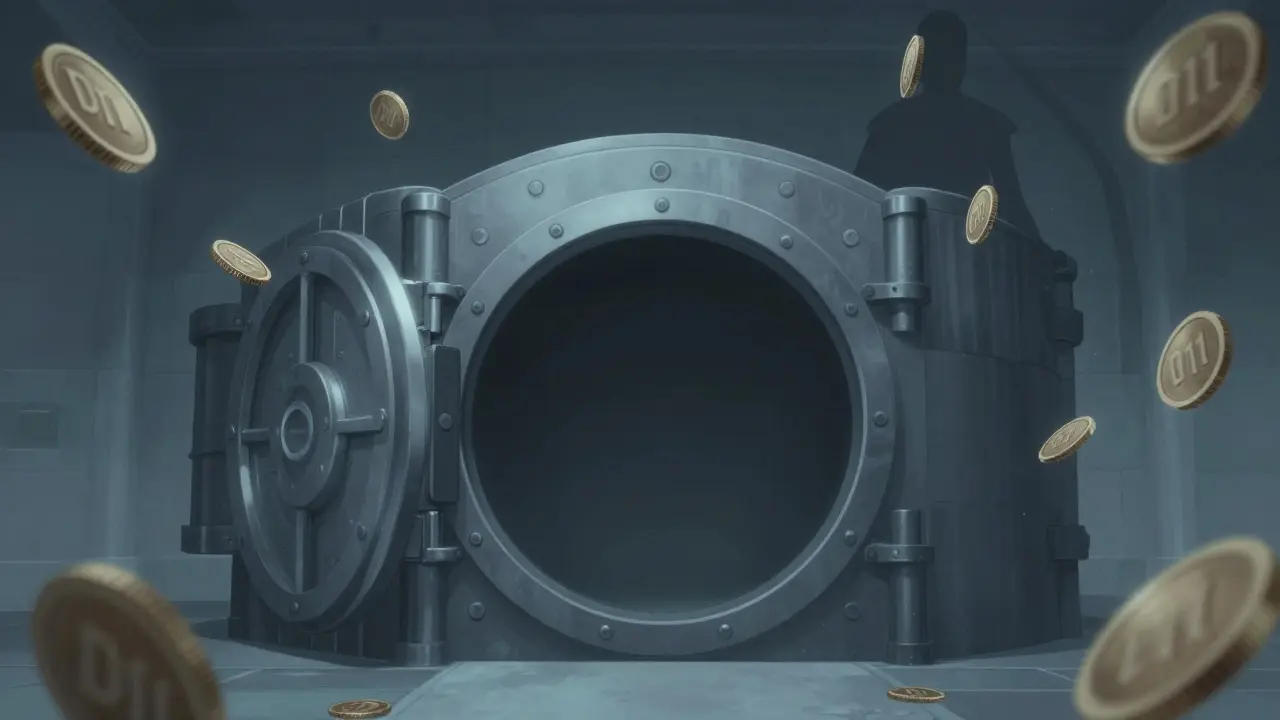 Empty vault with fading crypto coins showing zero supply