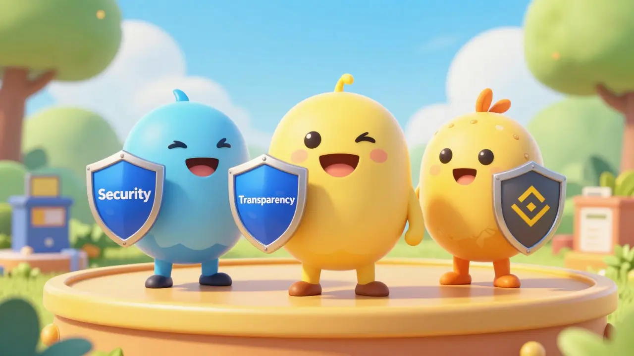 Friendly crypto exchange characters standing on a safe platform