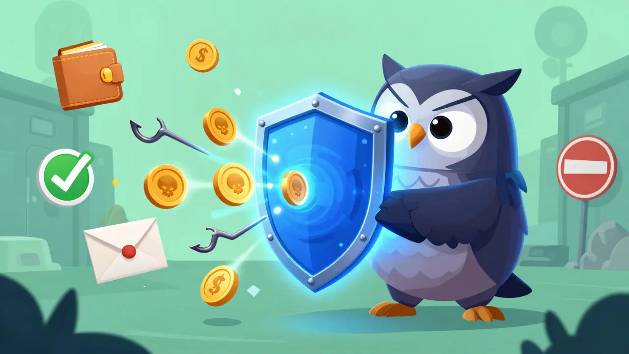 Friendly mascot holding a shield against phishing scams and fake crypto offers in a secure environment
