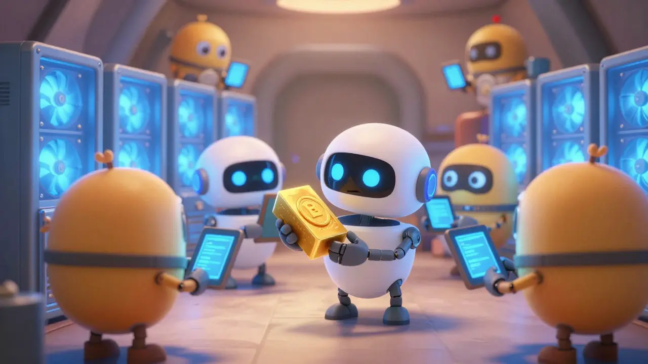 Friendly robot miners validating blocks in a bright, futuristic digital facility.
