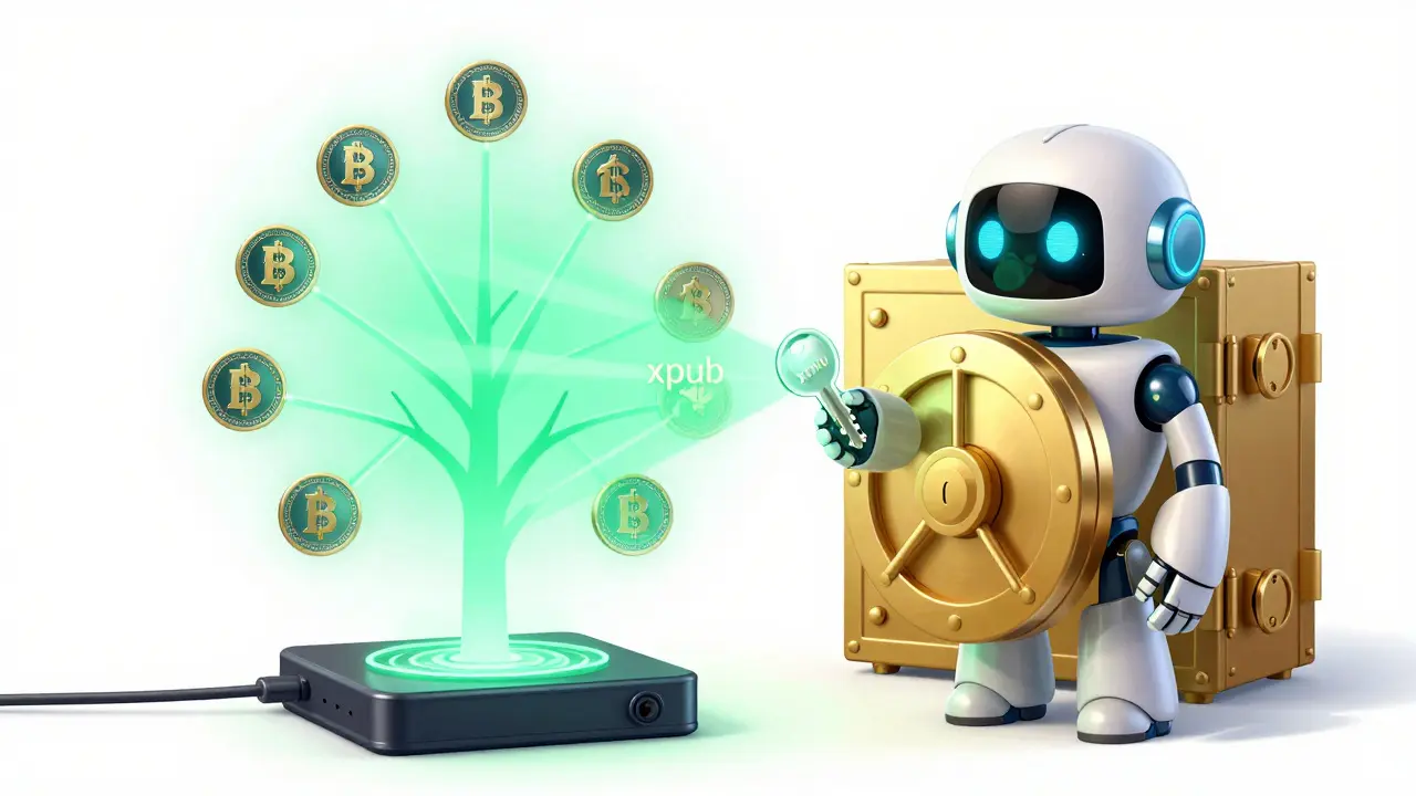 Friendly robot projecting infinite address tree from secure xpub key, leaving private vault locked.