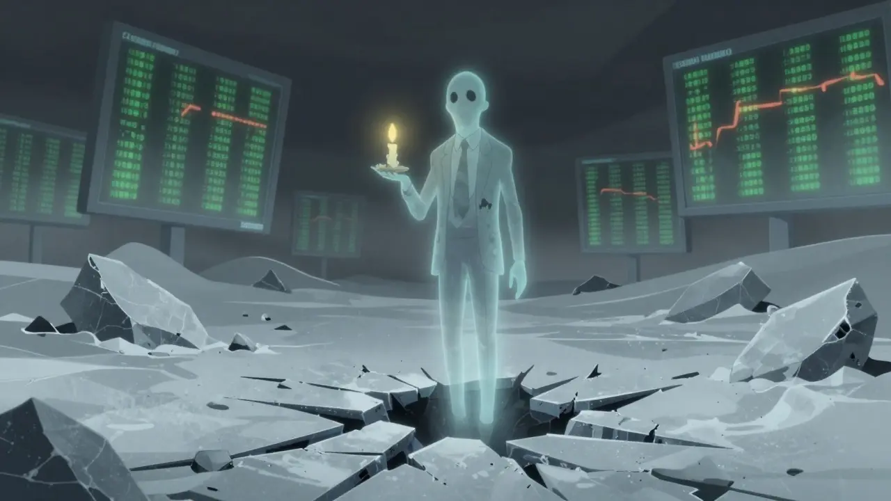 Ghostly zombie crypto figure floating over broken blockchain blocks with conflicting data screens
