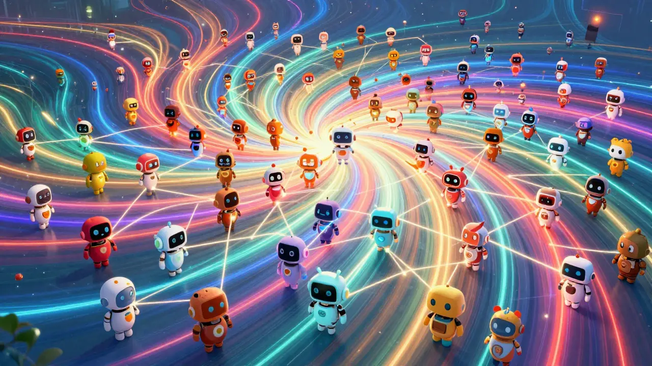 Glowing lines connecting many robots as data spreads exponentially across the network.