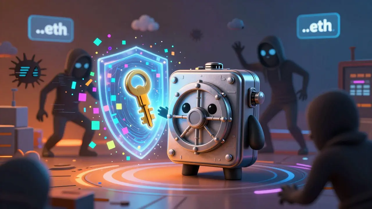 Hardware wallet protecting user from cyber threats, DreamWorks animation style