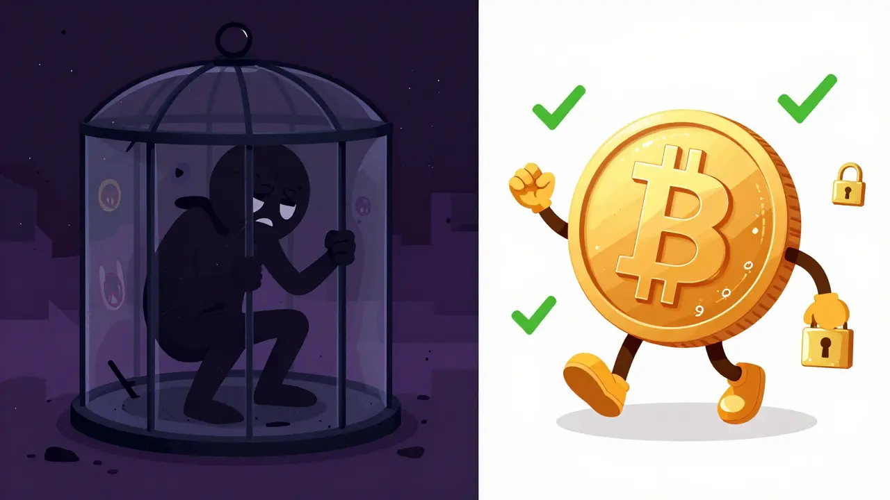 Illustration contrasting banned Bitcoin with state-controlled digital yuan