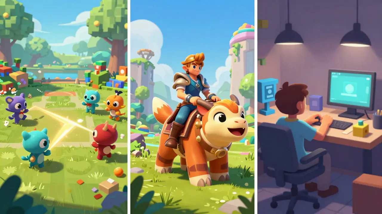 Illustration showing three different play-to-earn game worlds side by side
