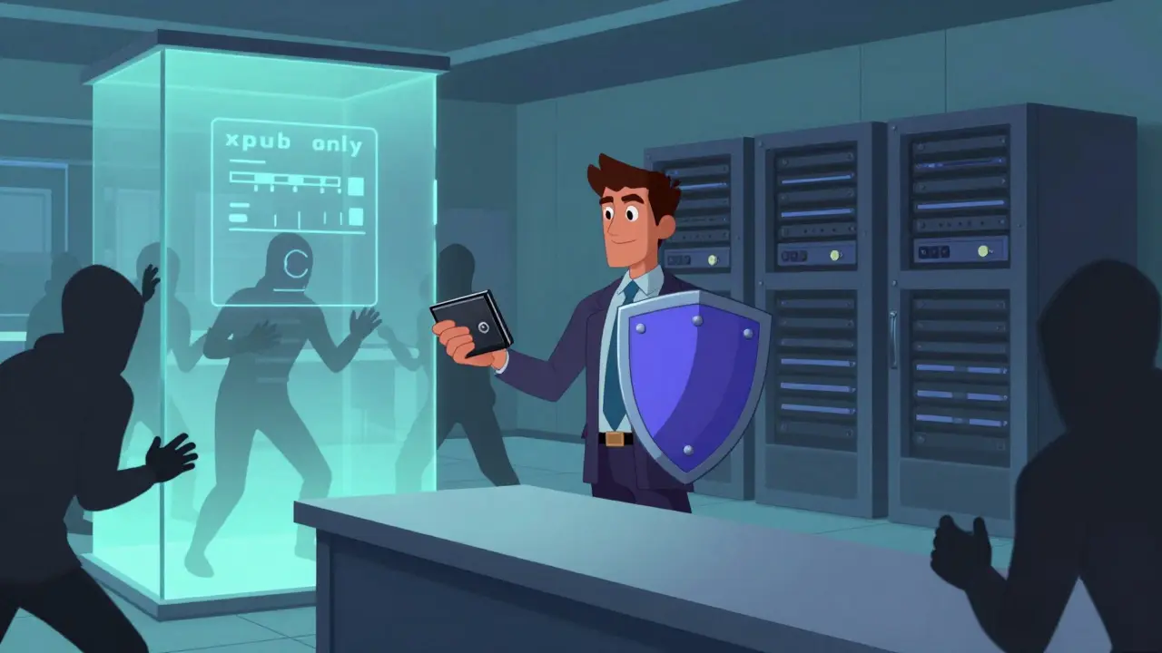 Merchant protected by hardware wallet shield against hackers trying to breach secure server.
