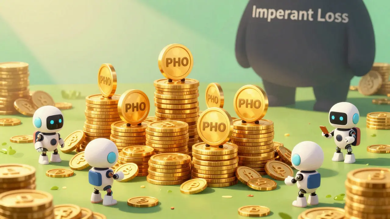 PHO tokens stacking in yield farm with shadow of risk behind