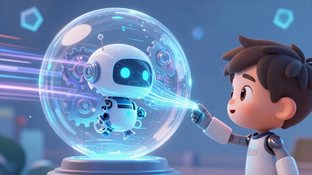Robot assistant explaining fast blockchain tech to a child in a DreamWorks style.