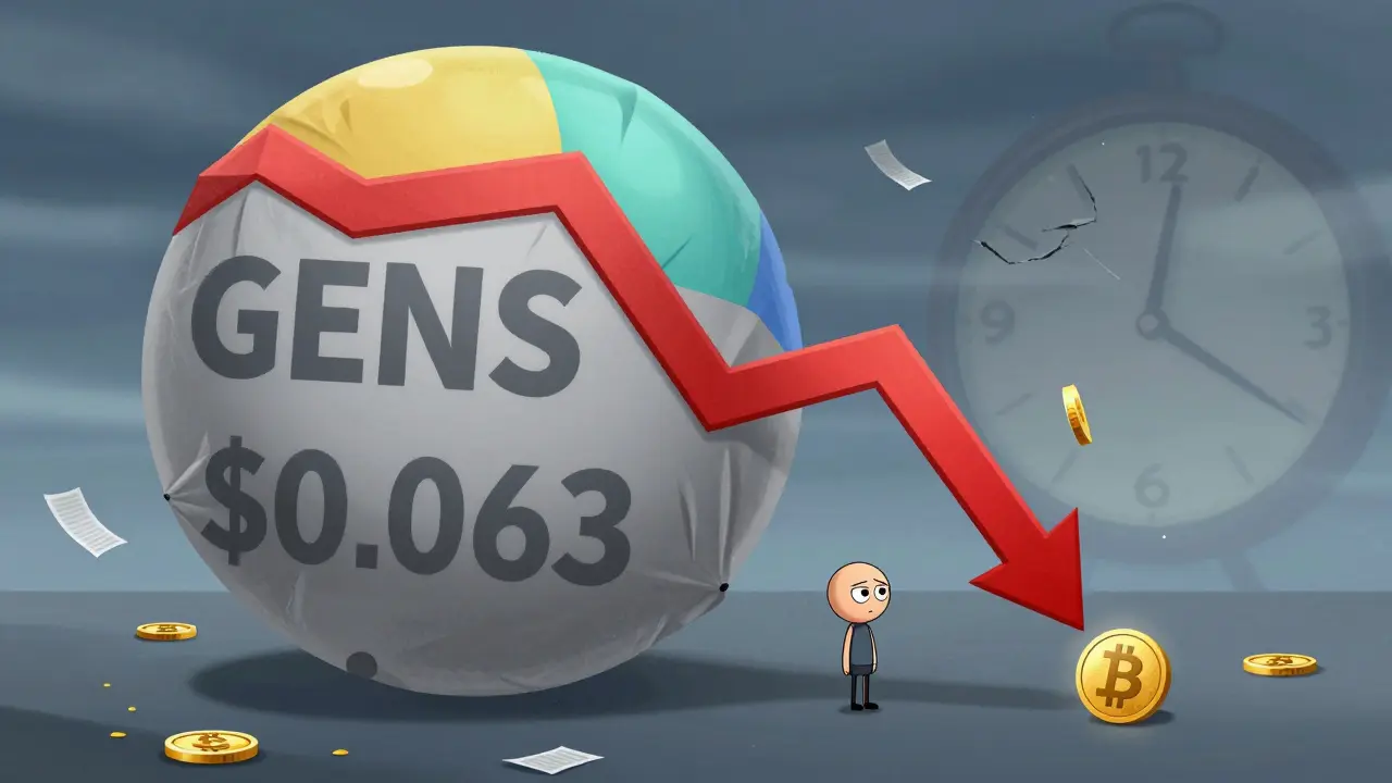 Sad cartoon character next to a deflated balloon representing the drastic drop in GENS token value.