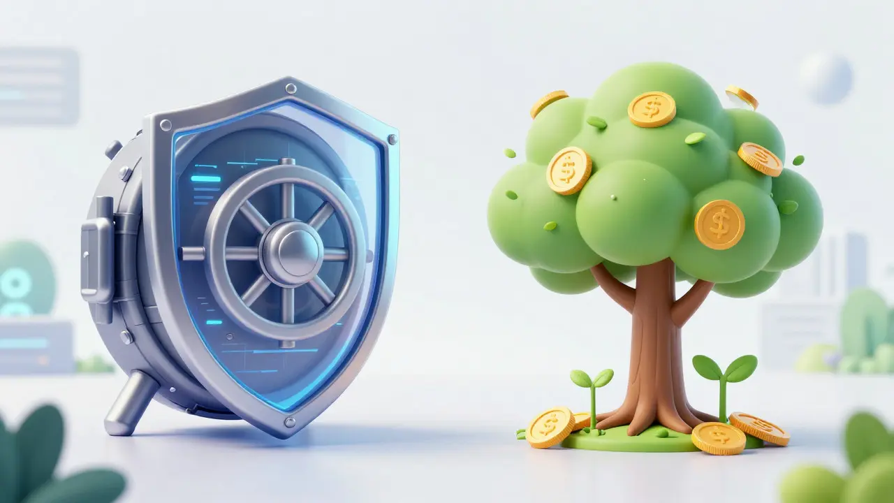 Shield protecting a vault next to a growing money tree