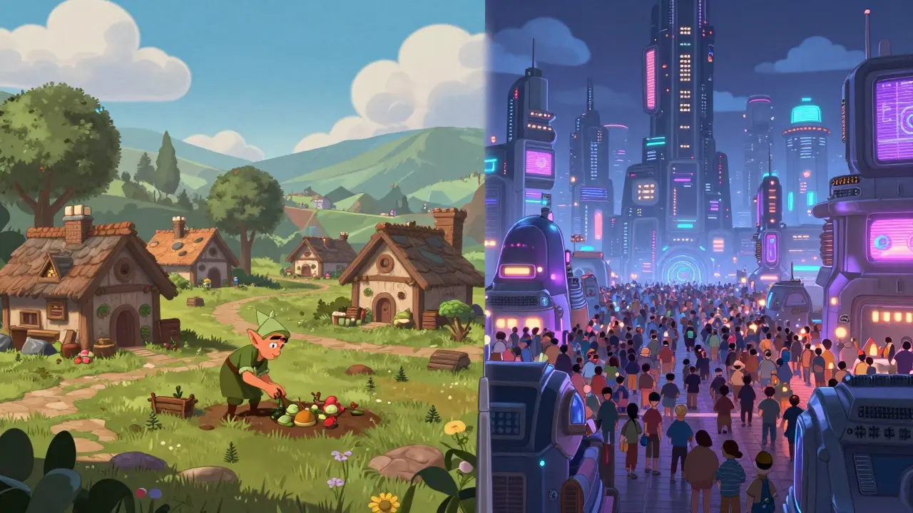 Small quiet village compared to a massive bustling metaverse city