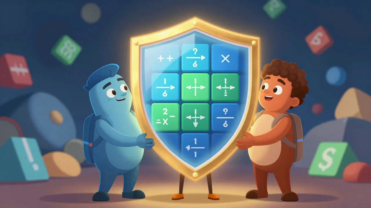 Three characters forming a unified shield with neat blocks, representing multisig privacy and linearity.