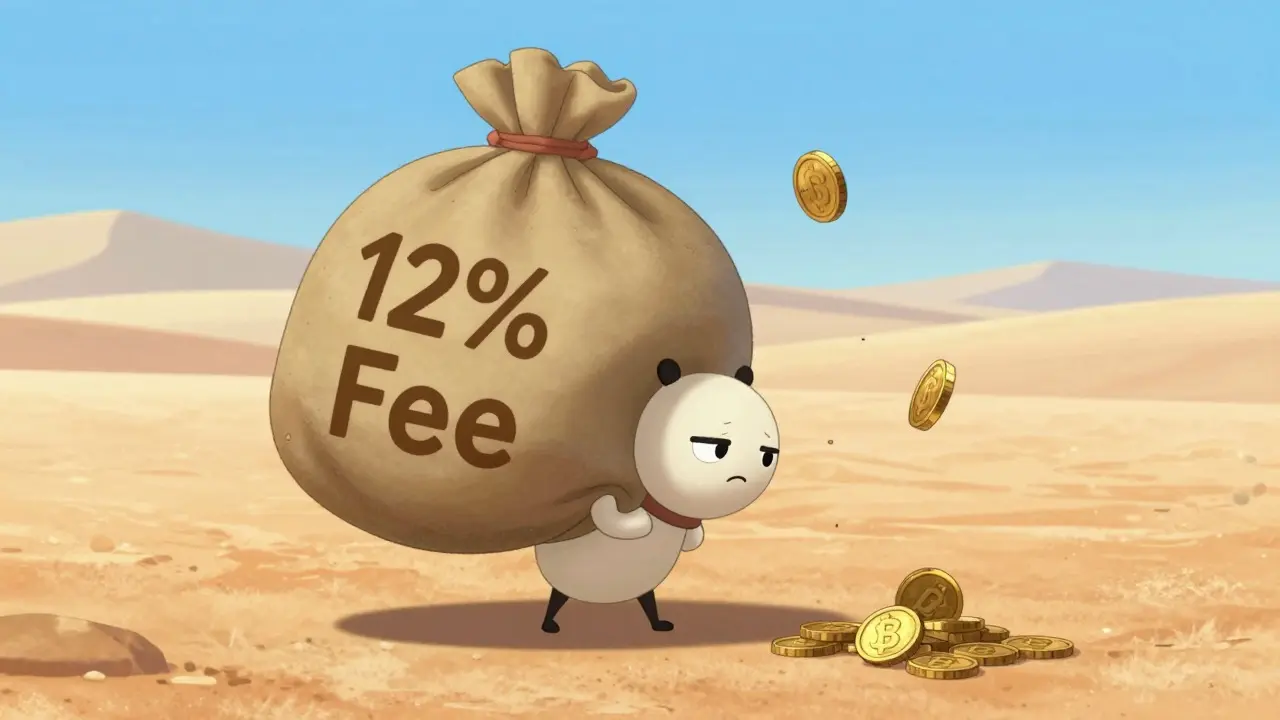 Tiny BALA token character struggles under a heavy fee sack in a barren landscape, DreamWorks style.