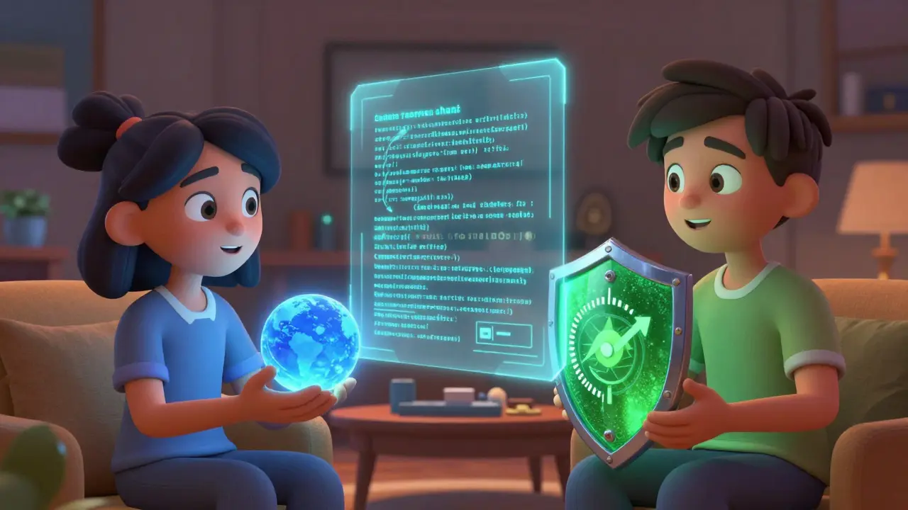 Two animated characters exchanging a glowing orb and credit shield via a floating smart contract.