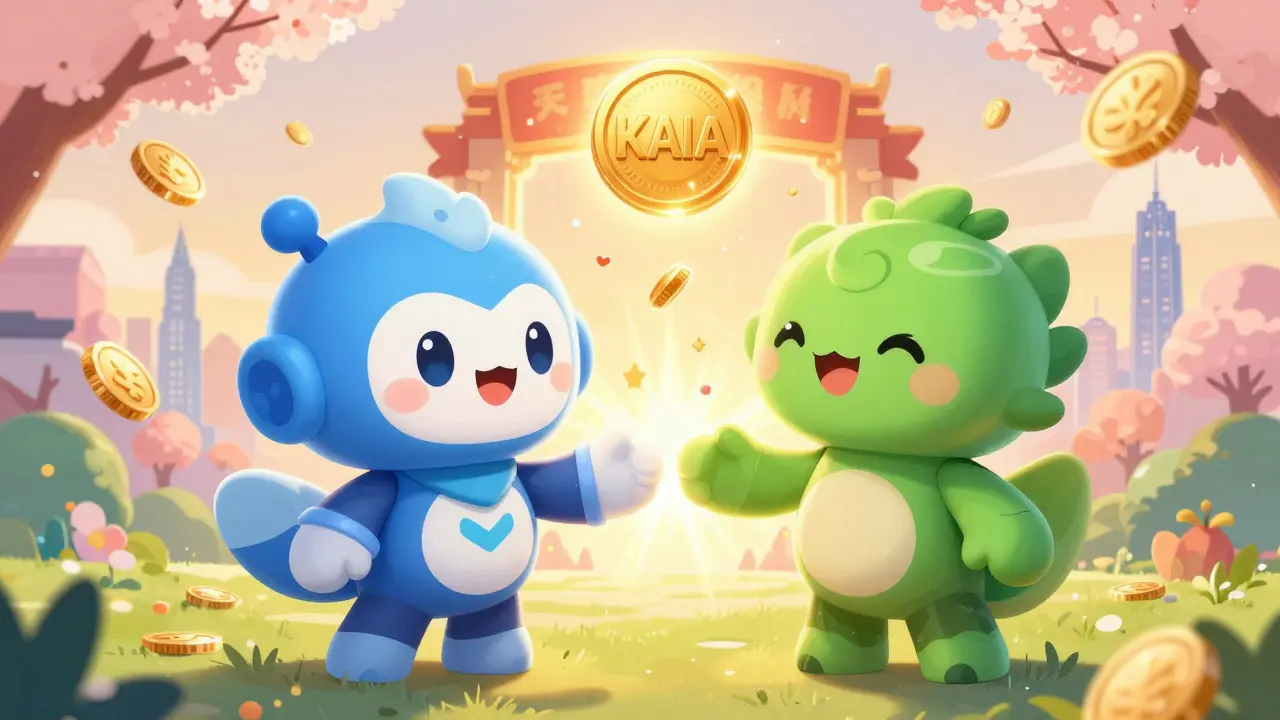Two mascots merging to form Kaia, symbolizing the blockchain consolidation and new era.