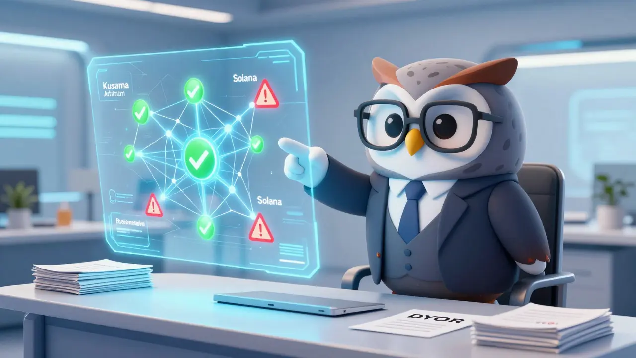 Wise owl character explaining blockchain security and research tips in a high-tech office setting.