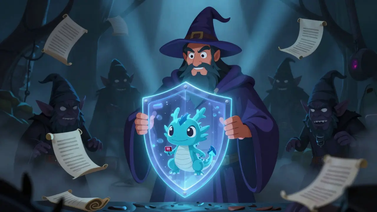 Wizard protecting crypto wallet from shadowy scam goblins