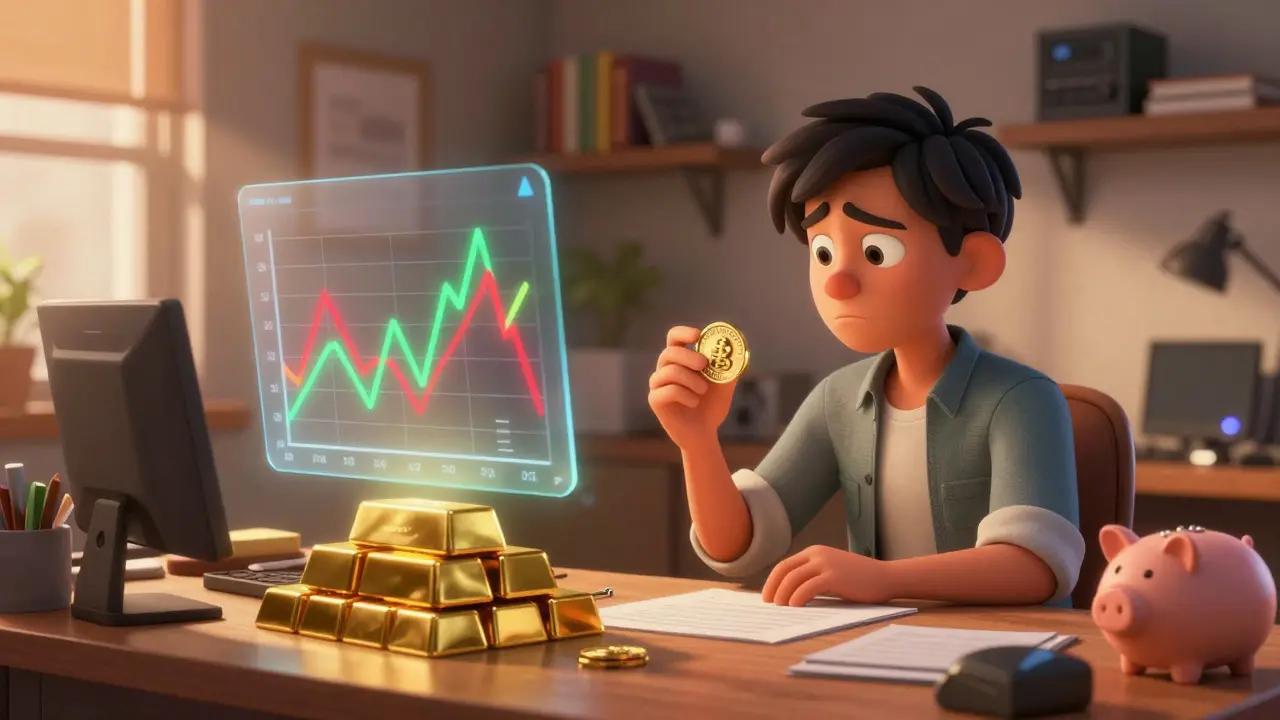 Young investor looking worriedly at a volatile crypto chart and an ABBC coin.