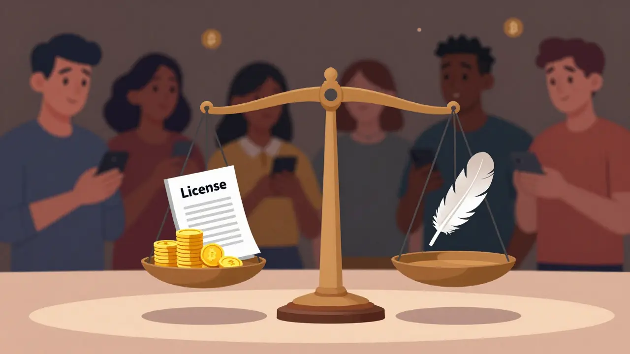A balance scale weighing license costs against payment restrictions, with a crowd in the background.