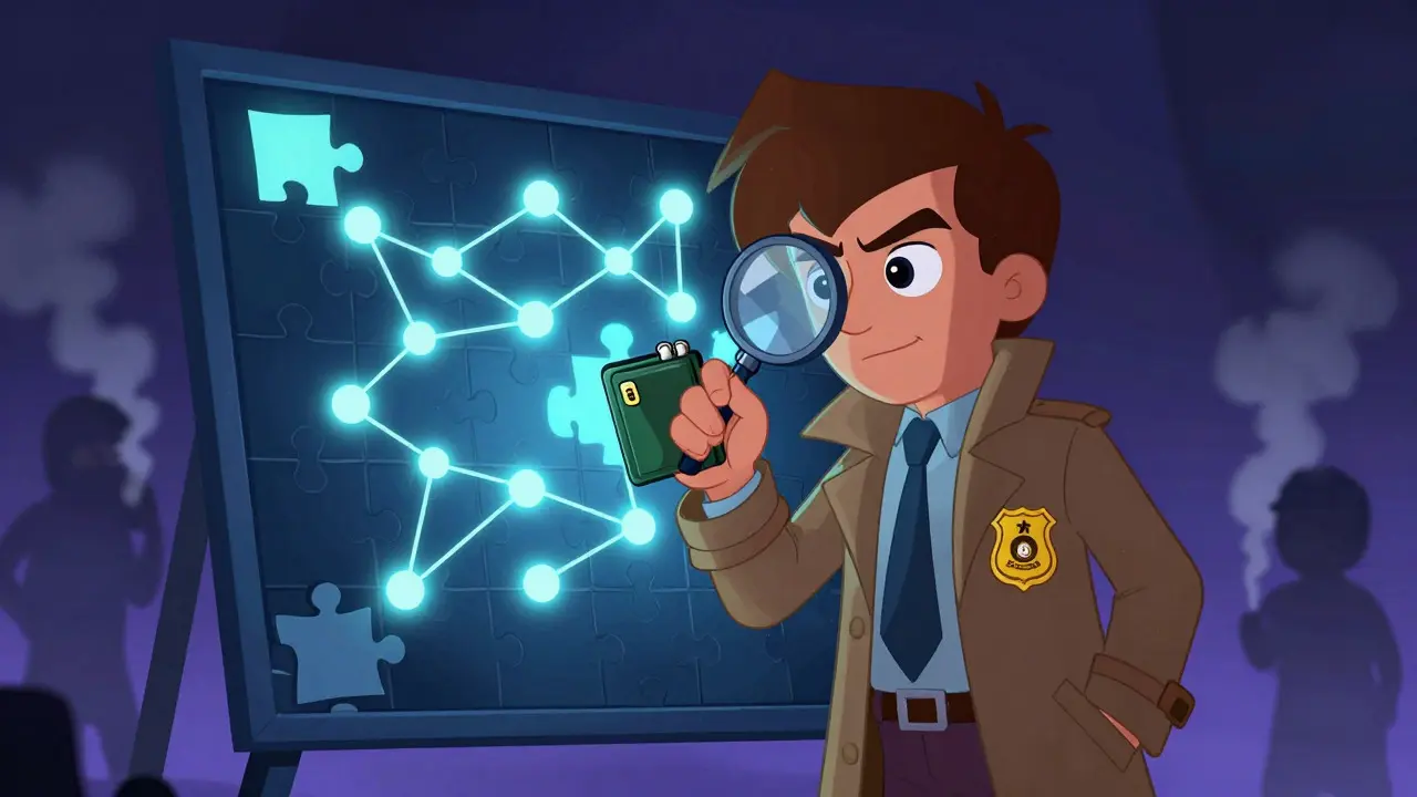 A detective examining a puzzle board of blockchain data while holding a secure wallet