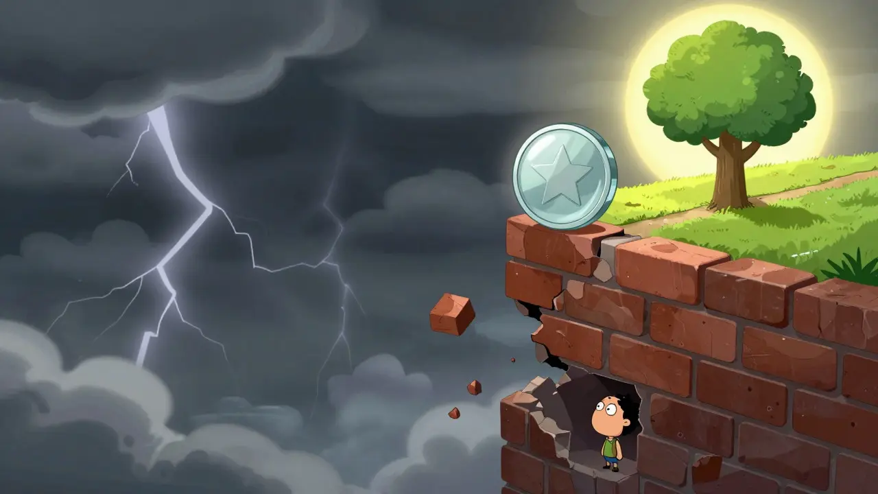 A fragile coin balancing on a crumbling wall above a stormy abyss with a sunny hill in the distance