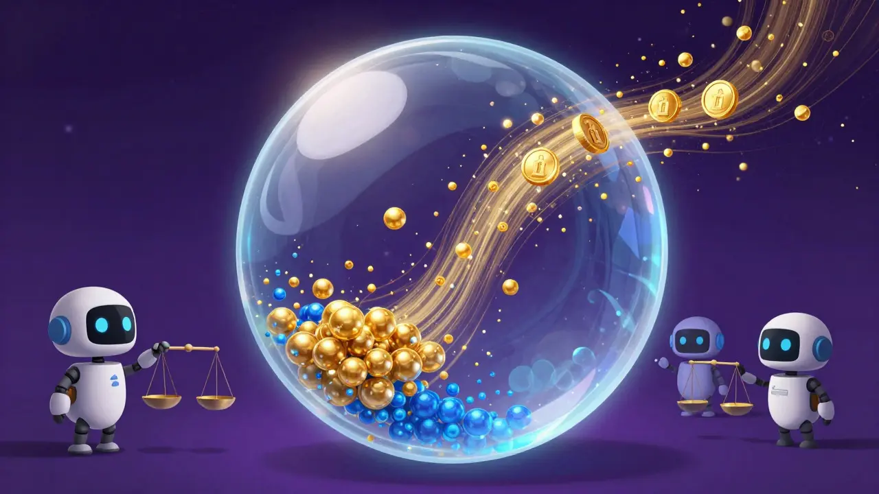 A magical crystal sphere containing swirling particles observed by small robots in a cosmic void