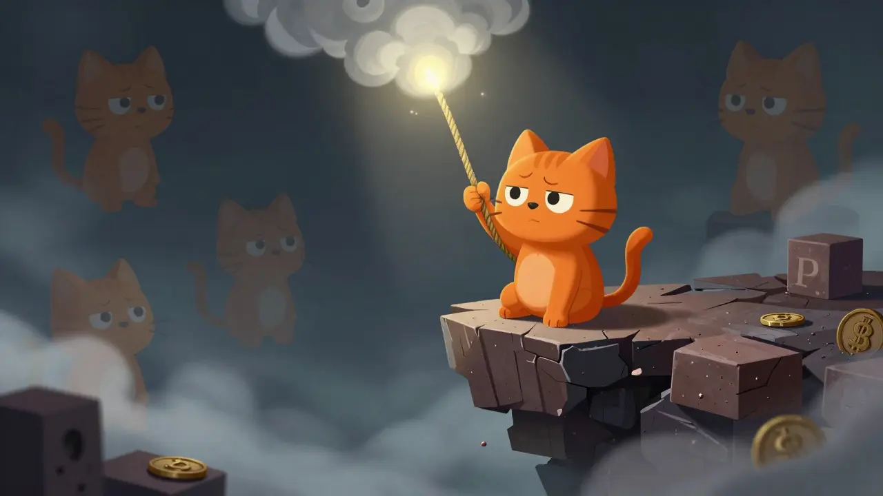 A worried cat balancing on a crumbling platform above a misty abyss, holding a rope
