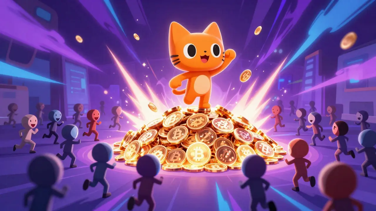 An energetic cartoon cat standing on a pile of glowing coins surrounded by a cheering crowd