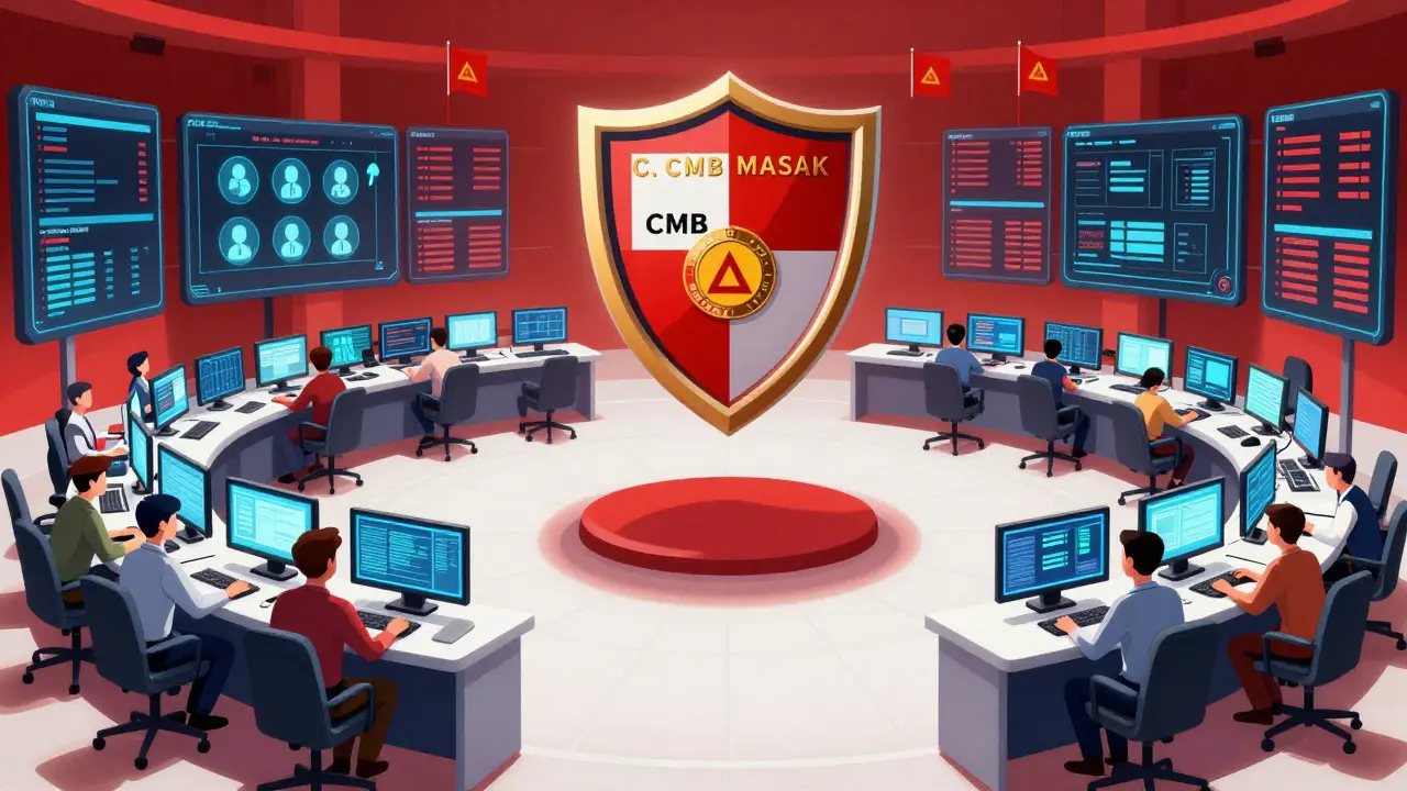 Analysts in a high-tech control room under the watchful eye of regulatory shields and data streams.