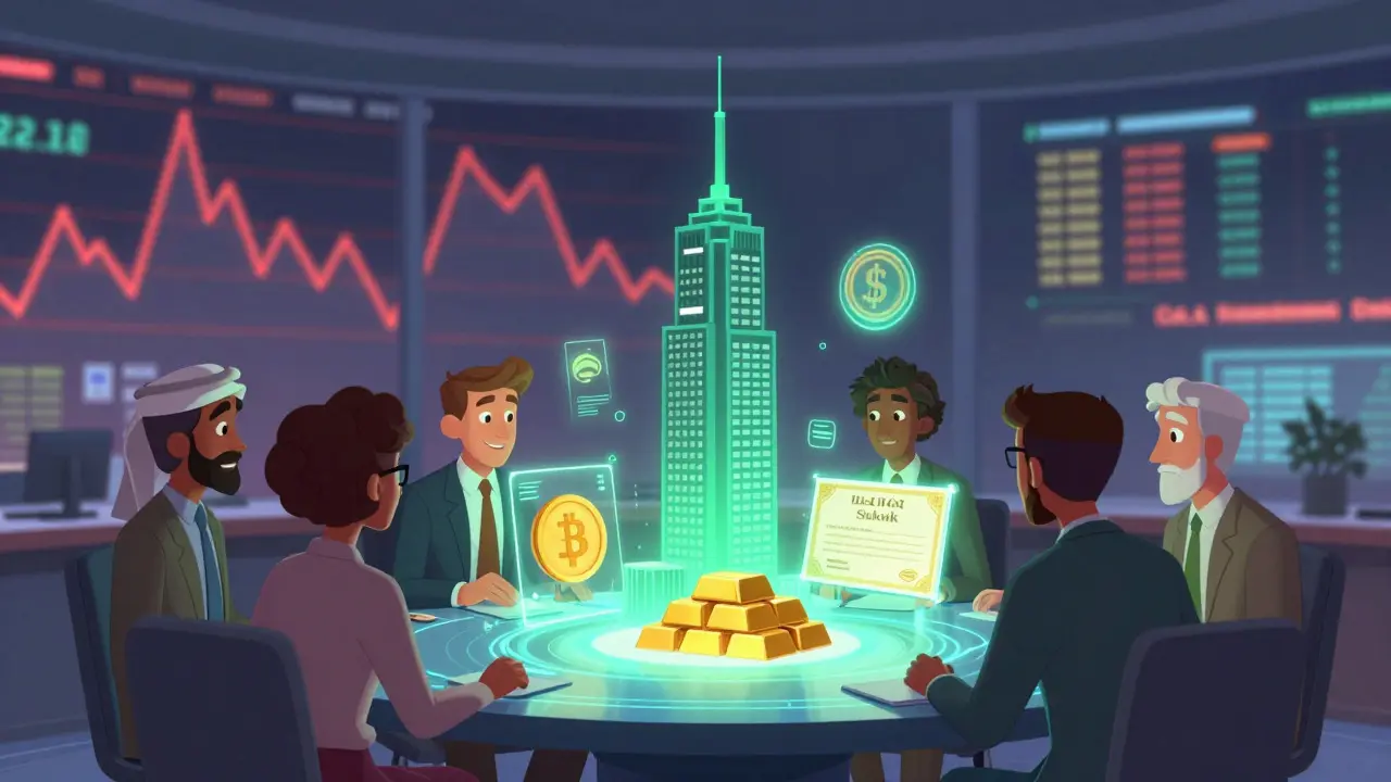 Animated business professionals reviewing approved tokenized real estate and gold assets