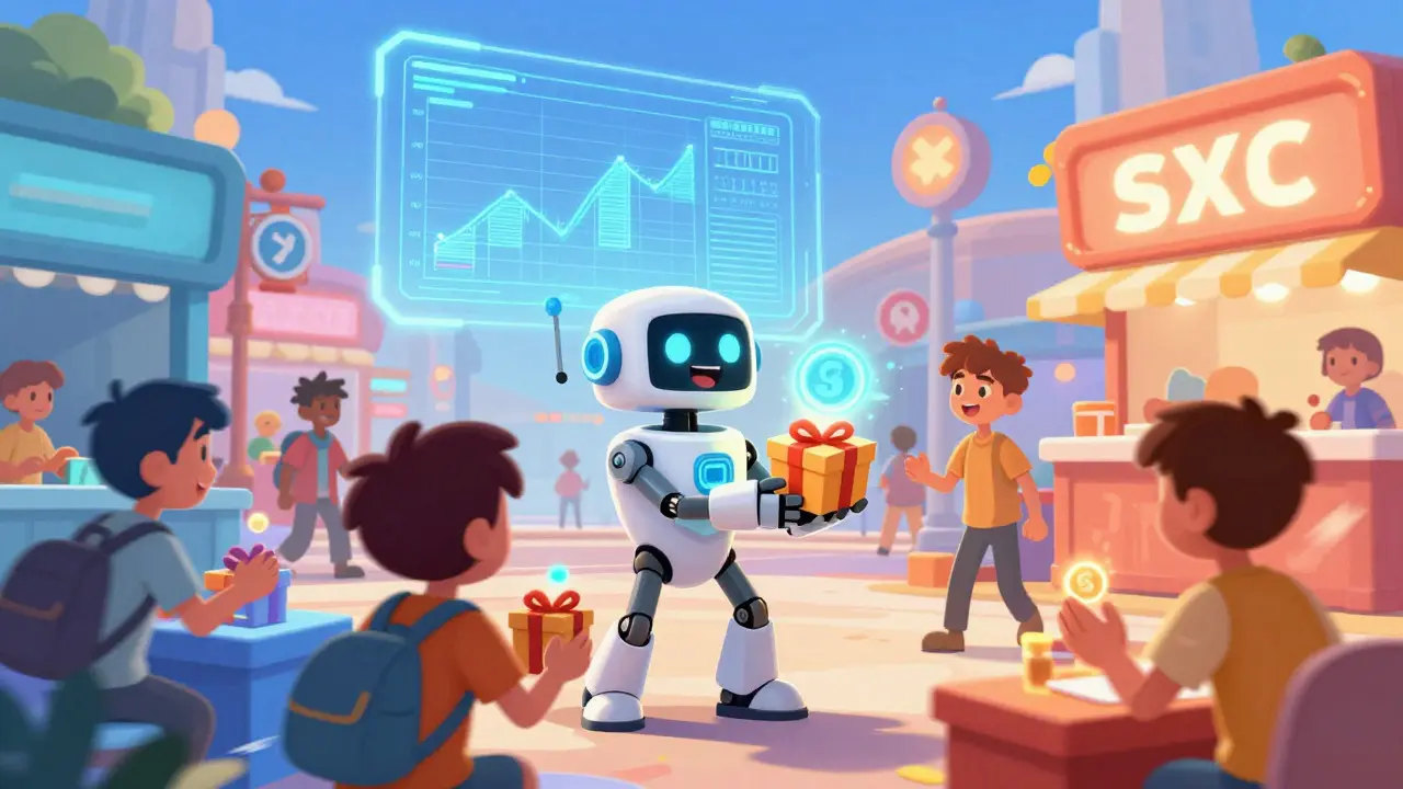Animated characters receiving glowing token gifts at a vibrant digital exchange plaza