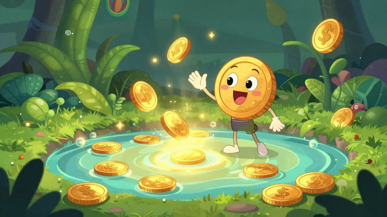 Animated coin character adding tokens to a magical, glowing liquidity pool