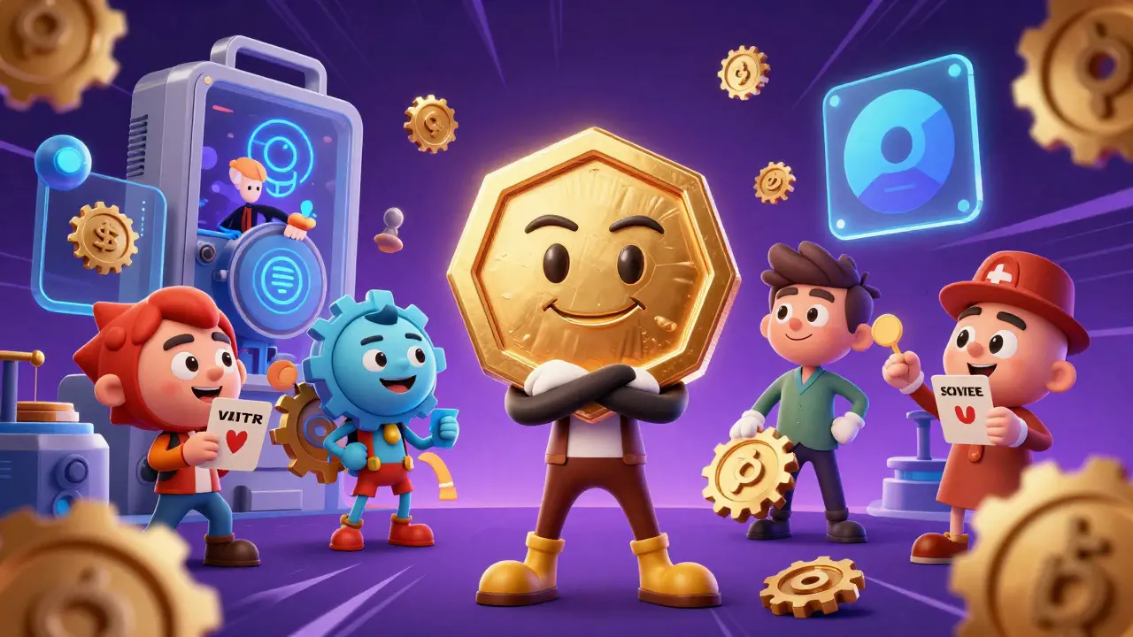 Anthropomorphic INTR token character surrounded by users voting and operating a protocol machine